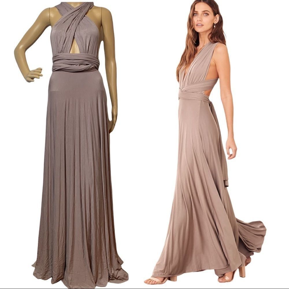 Bridesmaid Maxi Dress Lulus Tricks of the Trade Multi Way Gown Taupe Large